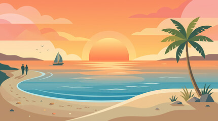 Obraz premium Serene Tropical Beach Landscape Featuring a Golden Sunrise Over the Calm Ocean Waters with Silhouetted Couple and Sailboat