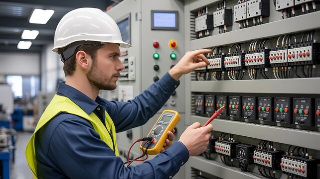Electrician Testing Industrial Control Panel with Digital Multimeter