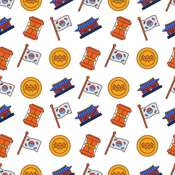 Korean Currency and Landmark Seamless Pattern in Flat Design Style