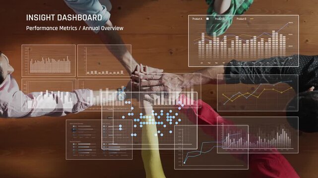 Visual representation of performance metrics on a modern dashboard, displaying various graphs and charts in a collaborative workspace setting. Raster