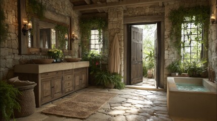 Fototapeta premium Rustic bathroom design with natural stone walls, wooden cabinets, and pots of greenery creating a serene oasis atmosphere