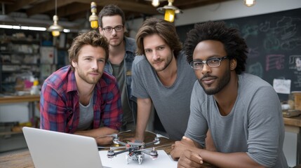 Fototapeta premium Diverse Startup Team Reviewing Drone Technology in Modern Workshop