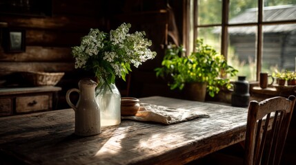 Fototapeta premium Cozy Rustic Table Setting with Fresh Flowers and Natural Light in a Charming Cabin Interior