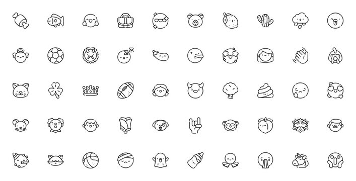 Emojis icon set. Fun emoji pack. Minimal vector line icons. Featuring laughing, cool, bear, lemon, cactus, angel, devil, poop, love, unicorn, ghost, meat, fish, and more. Editable vector stroke.