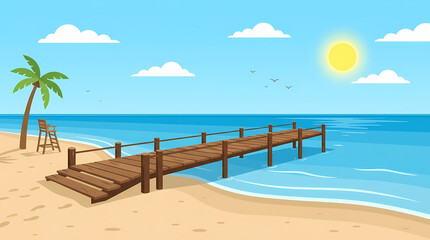 Fototapeta premium Serene Tropical Beach Landscape Featuring a Wooden Pier Extending Over Calm Blue Ocean Waters Under a Bright Sunny Sky
