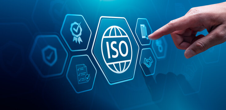 ISO certification management concept with digital quality assurance interface showing compliance checklist document control business process standardization and corporate governance system