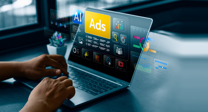 AI digital marketing concept with business professional using laptop and virtual advertising dashboard showing analytics charts audience targeting content creation and campaign performance