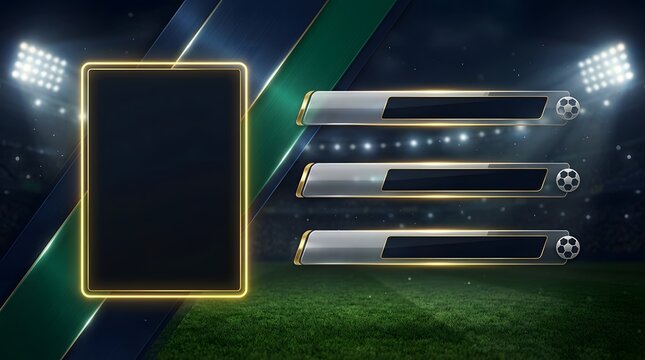 A premium soccer sports broadcast graphic template with glowing golden borders and dark stadium.