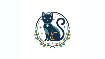 Elegant Black Cat Logo Emblem with Floral Wreath and Stars © Ilyas Raziq Zayyan A