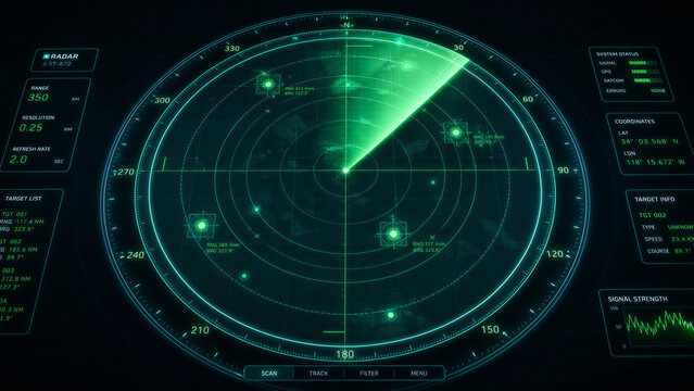 Green glowing military radar screen HUD interface with sweep and target markers representing surveillance and defense technology