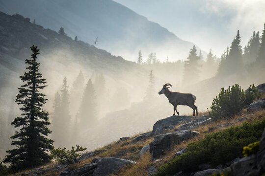 Misty mountain air swirls around ancient pines and rocks