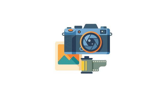 Flat Vector Icon of Professional Camera with Film Roll and Photo Print