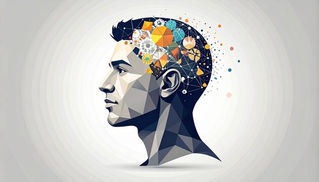 A man's head is illustrated with colorful shapes emerging from it