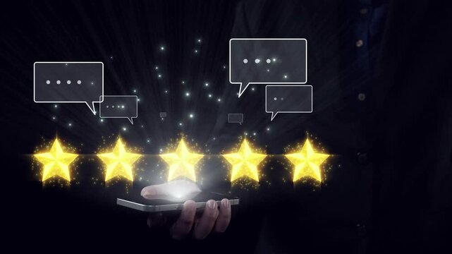 A captivating image showcasing a hand holding a smartphone, surrounded by five glowing stars and floating speech bubbles, symbolizing customer feedback and interaction. Qubit