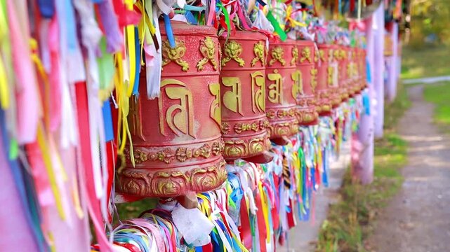 Red prayer drums, khurda. An attribute of Buddhist rituals. Buryatia, Arshan, Russia.