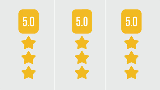 A minimalist rating graphic design with five-star ratings and scores displayed