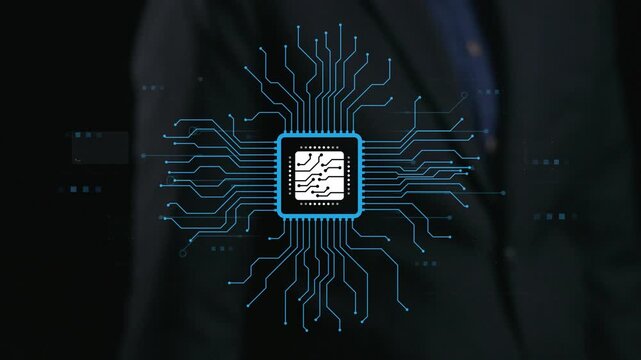 This image depicts an abstract microprocessor surrounded by digital circuit lines and data icons, symbolizing the integration of technology and innovation in modern computing systems. Qubit