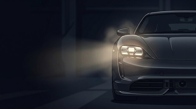 Close-up shot of a sleek sports car's headlights illuminating a dark tunnel with a dramatic and mysterious mood.