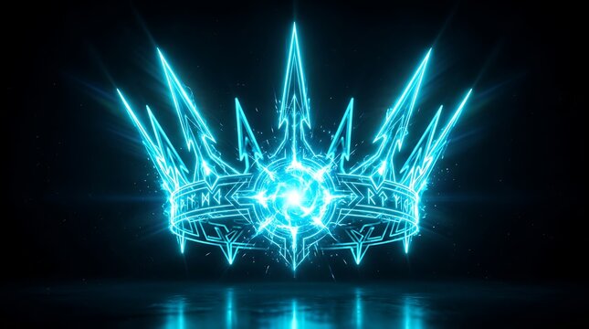 Glowing neon crown featuring sharp spiky edges and ancient runic inscriptions radiating intense electric blue light against a dark background in this powerful mystical digital illustration
