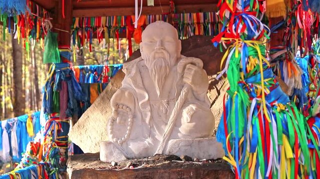 White sculpture of the Buryat Buddhist deity, the White Elder, or Sagaan Ubgen. Arshan, Buryatia, Tunkinskaya Valley