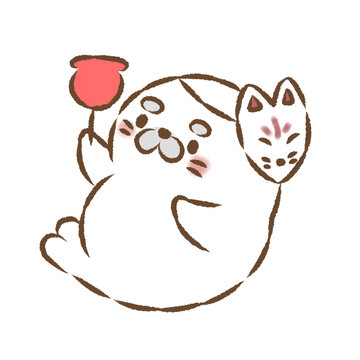 背景透過のもっちり手描きイラスト　りんご飴とキツネのお面のお祭りアザラシ