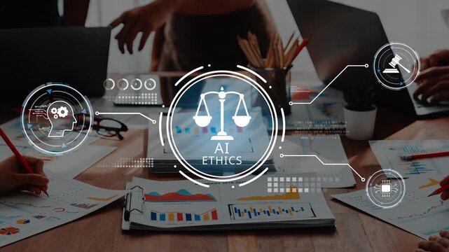 A diverse team collaborates on AI ethics in a modern workspace, utilizing technology to discuss legal frameworks, data analysis, and future implications. Raster