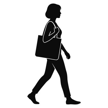 Silhouette of a woman walking with a large tote bag on her shoulder.