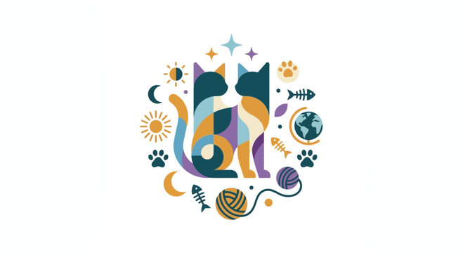 Geometric Cat Illustration with Celestial and Playful Elements