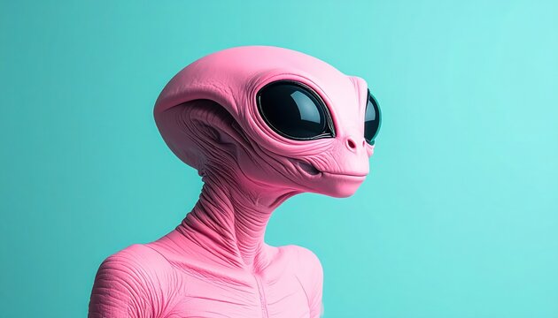 Pink Alien Portrait Against Turquoise Background - A Surreal and Intriguing Concept.