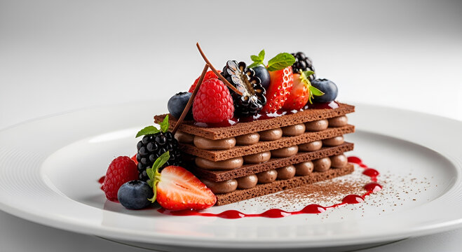 Gourmet chocolate mille-feuille dessert layer cake with chocolate cream, decorated with fresh raspberries, blueberries, blackberries, and berry coulis syrup.
