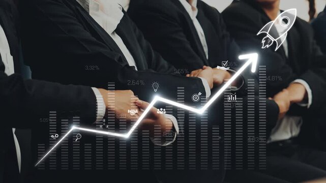 This image features professionals examining a financial growth graph with a rocket icon, symbolizing innovation and success in a corporate environment. Raster