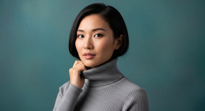 Elegant Asian Woman Wearing Gray Turtleneck, Confident Stare, Studio Portrait
