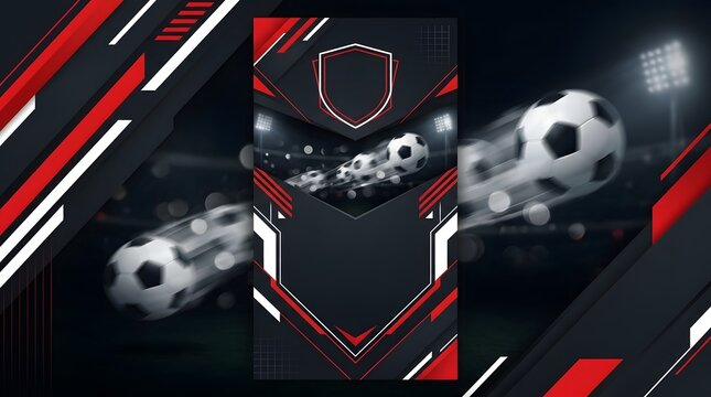 Dynamic soccer ball motion with sleek red and black geometric frame overlay for sports broadcast.