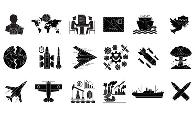 Obraz premium War icon set. Containing battle, weapon, conflict, missile, bomb, combat, army, tank, medal, veteran, victory, defeat, explosion and soldier symbol.