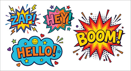 Comic book style speech bubbles with onomatopoeia vibrant vector illustration © vector desgins 