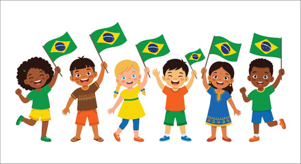 Children waving brazilian flags colorful vector illustration on white background © vector desgins 