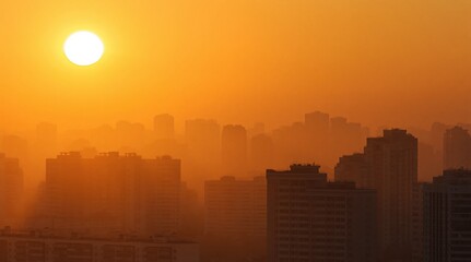 Obraz premium City skyline silhouette at golden sunrise with urban buildings in morning haze