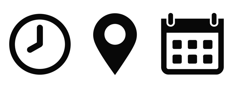 Time address and date icon vector featuring clock, map pin location, and calendar symbols in flat style for scheduling and navigation, vector, designs