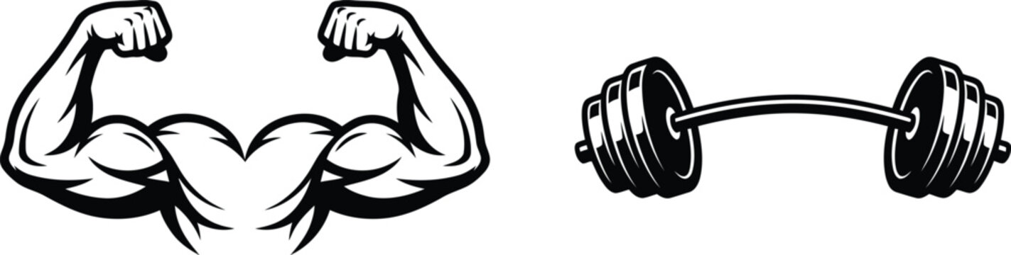 Muscular biceps flex and heavy bent barbell set, strong bodybuilder arms and weightlifting barbell gym fitness logo vector illustration