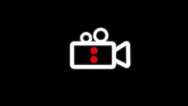 glowing camera record icon with flashing Red dubbol dot, video recording interface symbol with black background 4k video animation.
