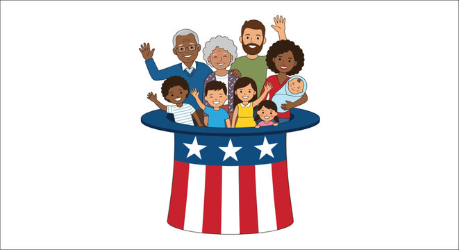 Family group emerging from uncle sam hat vector illustration