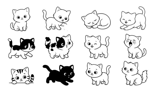 Cute Newborn Kitten Character Vector Set with Sitting Cat and Yarn Playing Baby Kittens
