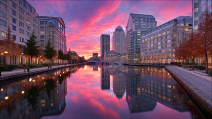 Fototapeta premium Serene Sunset Reflection Over Urban Waterfront with Vibrant Colors and City Skyline in Calm Waterway, Capturing Nature and Modern Architecture Harmony