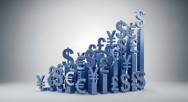 Currency symbols including dollar, euro, yen, and pound are arranged as a bar chart to show global economic growth and finance.
