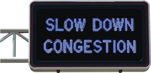Obraz premium Digital Highway Traffic Information LED Board Sign with Slow Down Congestion Warning Message Vector Illustration for Road Safety and Transport Media