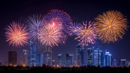 Fototapeta premium Bright Fireworks Exploding Above City Skyline at Night with Colorful Displays Illuminating Urban Landscape During Celebration Event