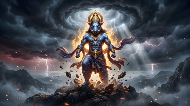 Varaha avatar standing on rocks amidst a stormy sky