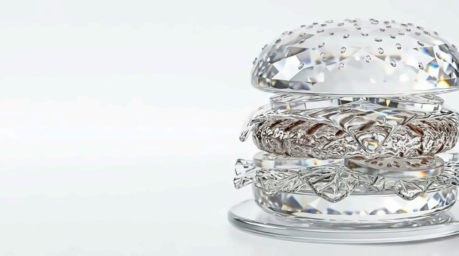 Surreal 3D rendered crystal diamond burger with exploded layered view on white background. Luxury food art concept with glass bun, transparent patty and copy space.