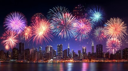 Fototapeta premium Vibrant Fireworks Display Over City Skyline at Night Celebrating New Year or Independence Day with Colorful Explosions in the Sky