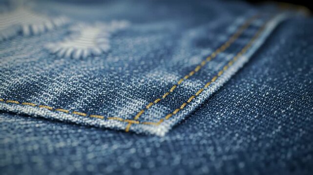Close-up of denim fabric, with a pocket and detailed stitching visible